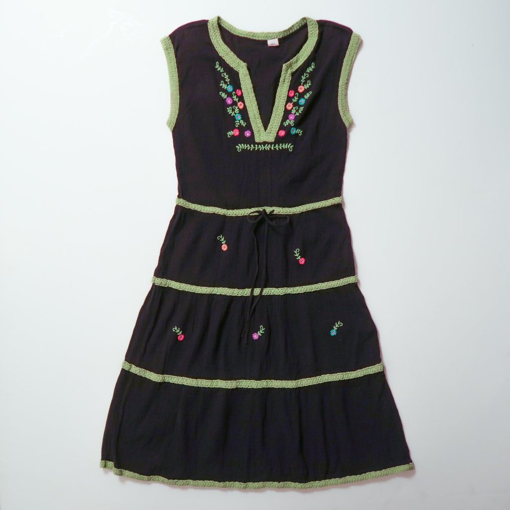 Black flower embroidered gauze boho sun dress Sm M